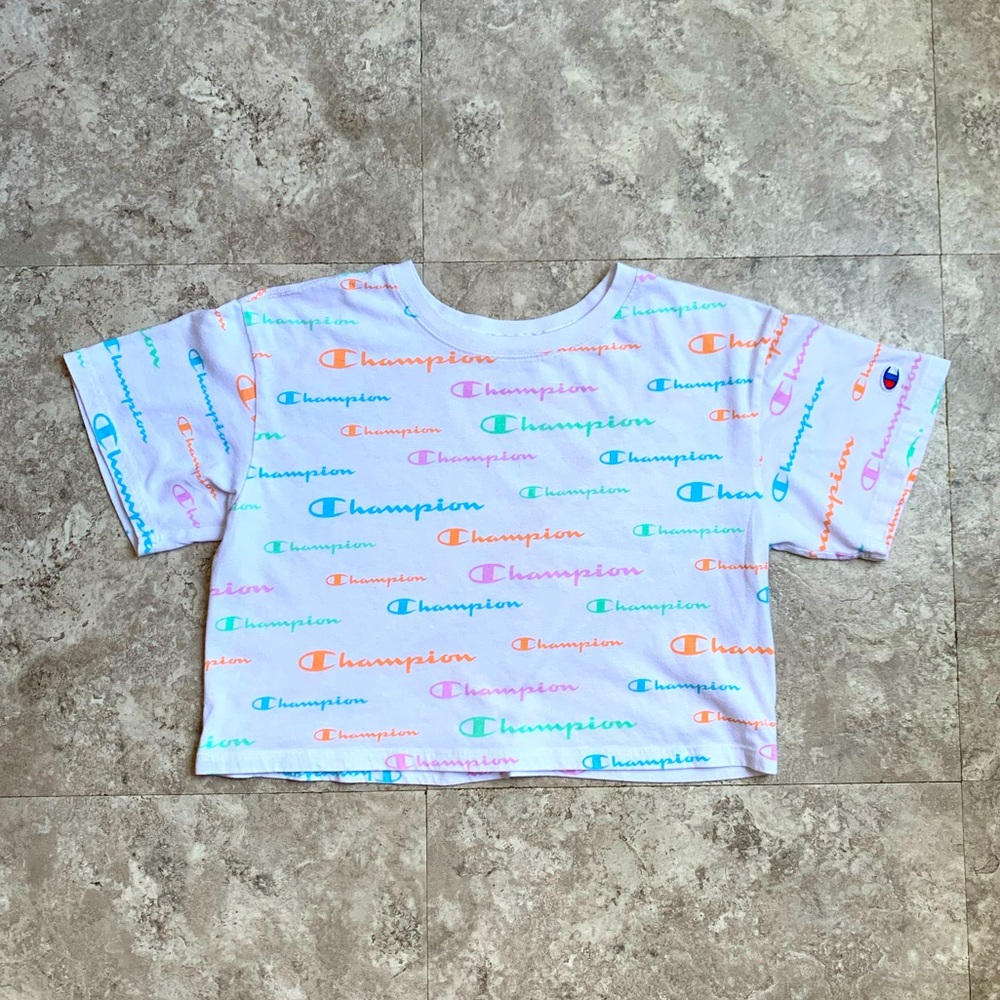 Champion White Cropped Tee with Pastel Logo Print